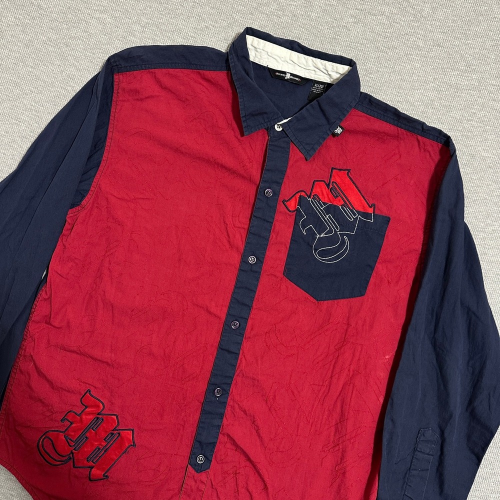Makaveli Branded Red Navy Blue Colorblock Embroidered Button Shirt Mens Size‎ XL